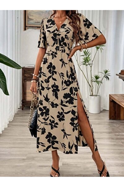 Aymood Rochie de damă cu mânecă scurtă, decolteu în V, talie elastică, cu șli...