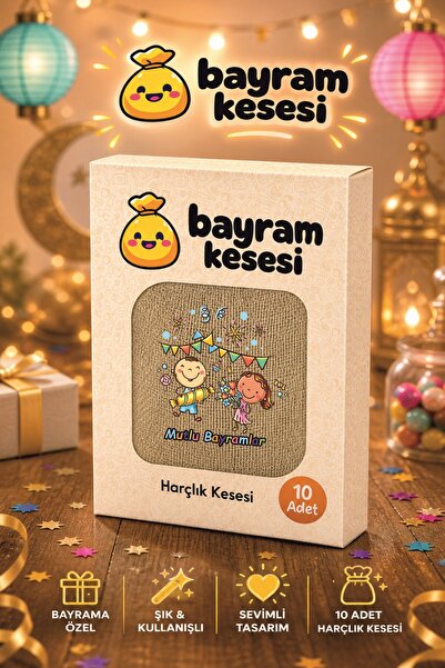 Yaprak Hediyelik Bayram Harçlık Kesesi 10'lu – Baskılı Ham Bez Bayram Kesesi,...