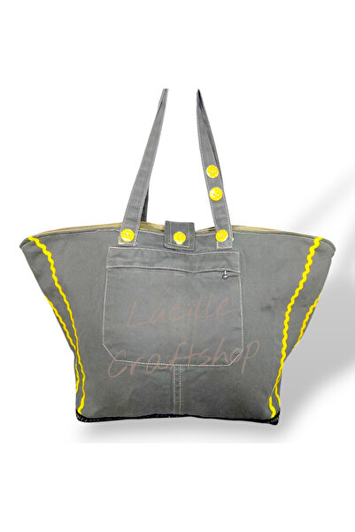 Lucille Craftshop Geantă Mână Denim Kaki Handmade – 42×25×18 cm, Buzunar Exte...