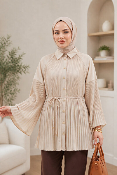 bellura Beli Bağlamalı Düğmeli Pliseli Poplin Tunik