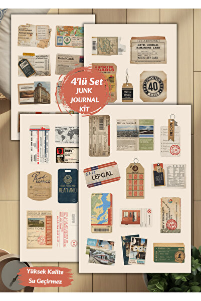 VORACRAFT 4'lü Seyahat, Bilet Temalı Sticker Set Ajanda Bullet Junk Journal P...