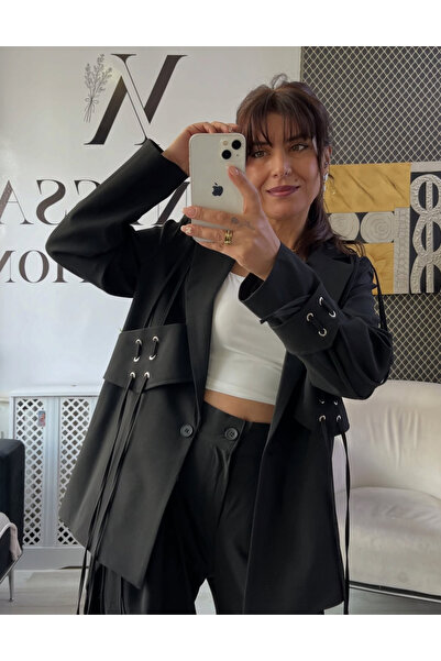 RÉ DESIGN Kadın Siyah Bağcık Detaylı Blazer Ceket Şık Tasarım