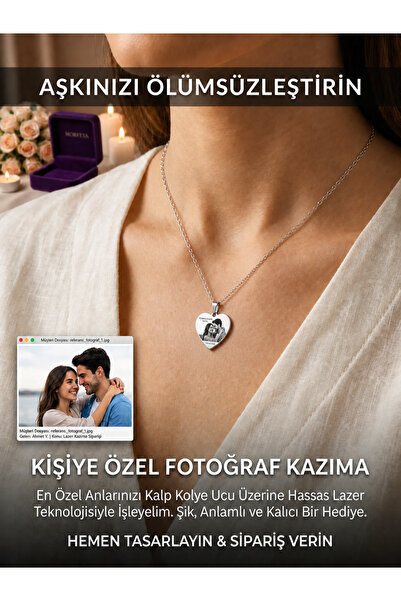 morfeya Paslanmaz Çelik Kişiye Özel Fotoğraflı Gümüş Kalpli Kolye Anlamlı Hediye