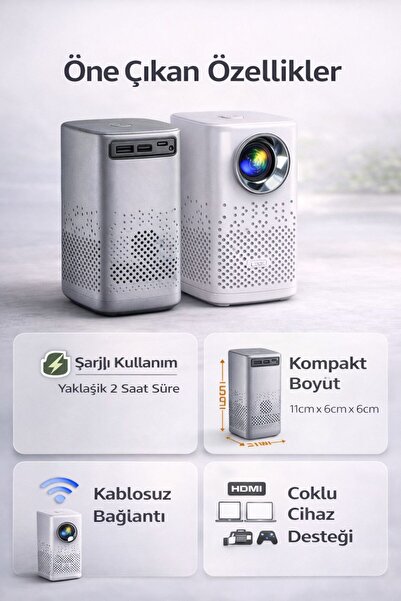 Bakeey Şarjlı Mini Projeksiyon Cihazı Taşınabilir HD Projektör Kablosuz Ev Si...