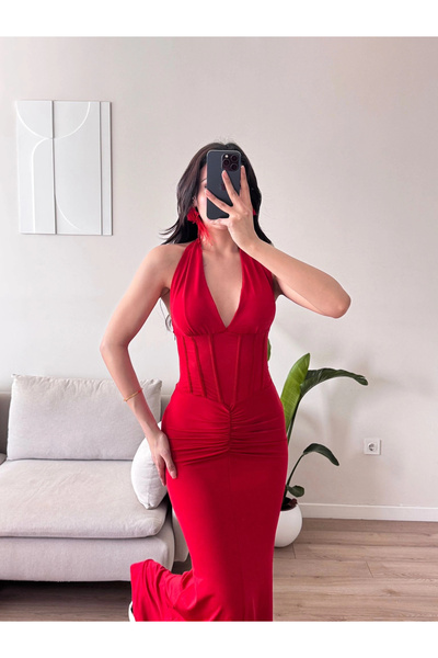Zoom Butik Bel Korse Maxi Elbise - KIRMIZI