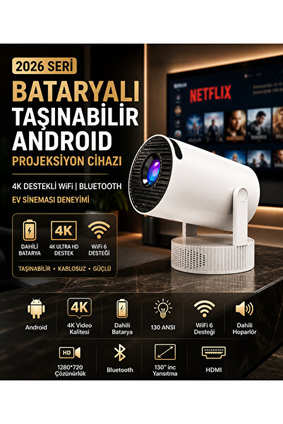 HMO Store 2026 Seri Bataryalı Taşınabilir Android Projeksiyon | 4K Destek, Wi...