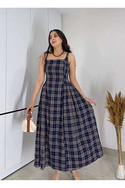 Starmount Butik Lacivert Ekose Piliseli Kare Yaka Kadın Elbise