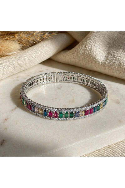 BIJUTERI Blk-3010 Colorful Baguette Stone Steel Waterway Bracelet