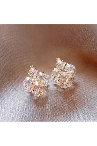 Pelin Aksesuar Sparkling Square Design Earrings with Gold Stones
