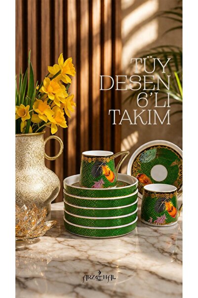 Arzuhal 6 KİŞİLİK LÜX KAHVE FİNCANI TAVUS KUŞU DESENLİ