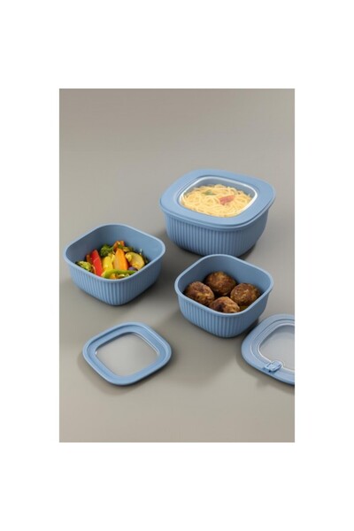 Generic Brand Square 3 Piece Vacuum Sealed Air-Free Storage Container Set Blu...