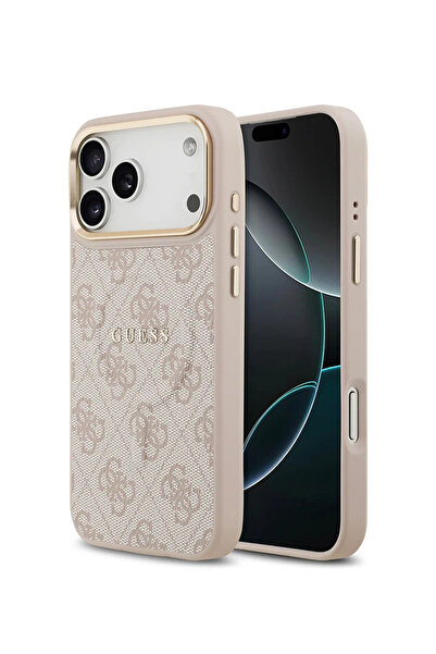 Guess iPhone 17 Pro Max Kılıf Lisanslı M-safe Şarjlı Gold Kamera Çerçeveli PU...