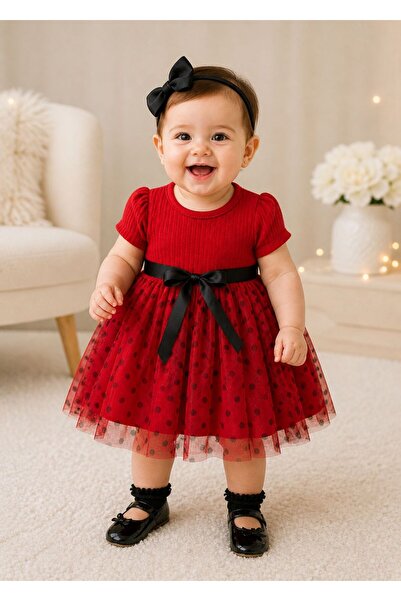 Lina Baby Bloom Kız Bebek Kırmızı Puantiyeli Tüllü Elbise Siyah Fiyonk Detayl...