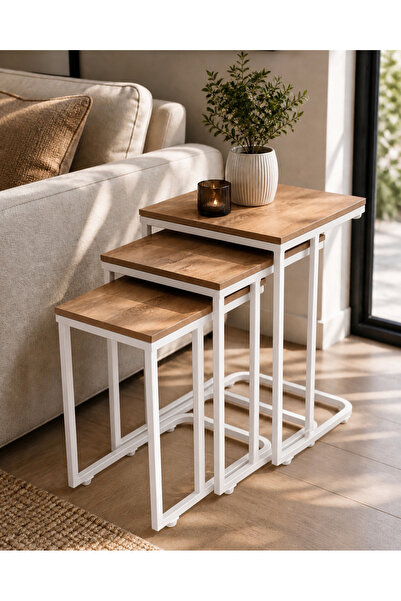 EFLORA DESIGN Tekerlekli Zigon Sehpa 3’lü Set – Metal Ayaklı Atlantik Çam Mel...