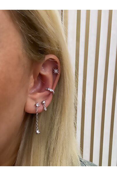 Hicrans Takı EARCUFF KIKIRDAKLI SALLANTILI MODEL ÜÇLÜ SET ÇELİK KÜPE
