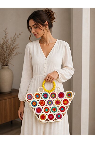 SEERMİN Sermin Special Design Handmade Ring Rainbow Model Knitted Beach Bag