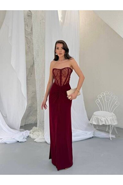 hillone Charline Maxi Korse Elbise Bordo