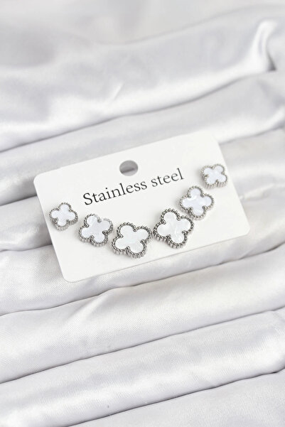 Generic Brand 316L Steel Silver White Color 3 Sizes Clover Earrings Set