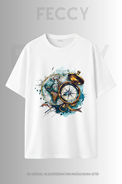 FECCY Premium Compass Printed Hunter Theme Unisex Oversize Women's T-Shirt Me...