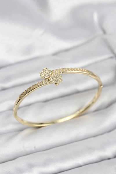 Generic Brand Brass Gold Color Zircon Stone Clover Model Women's Handcuff Bra...