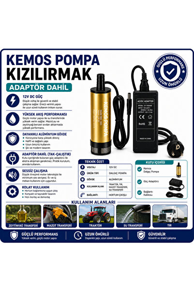 Kemos kızılırmak 220-12 Volt Dalgıç Adaptörlü Mazot Aktarma(SIVI TRANSFER) Pompası