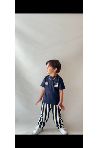 Teeny Weeny Kids Boys' Printed Cotton T-Shirt and Striped Pants Set