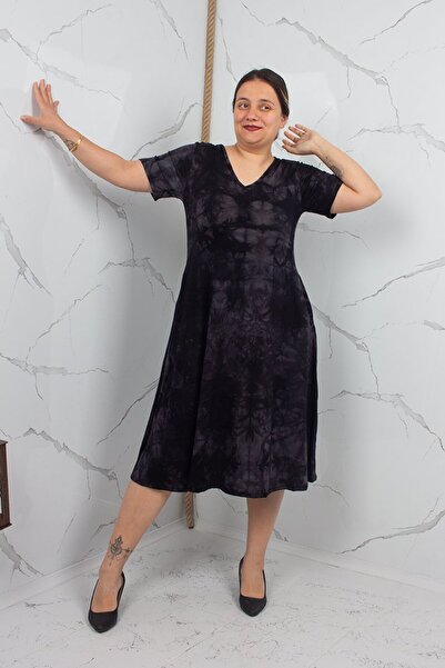 Truva XXL Plus Size V-Neck Tie-Dye Patterned Cotton Viscose Dress