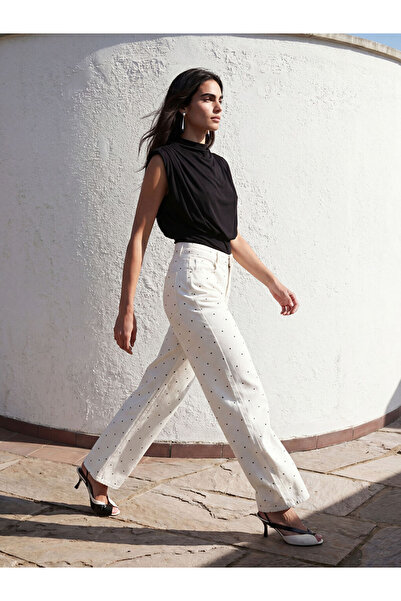 LC Waikiki White Polka Dot Straight Fit Women's Jean Trousers