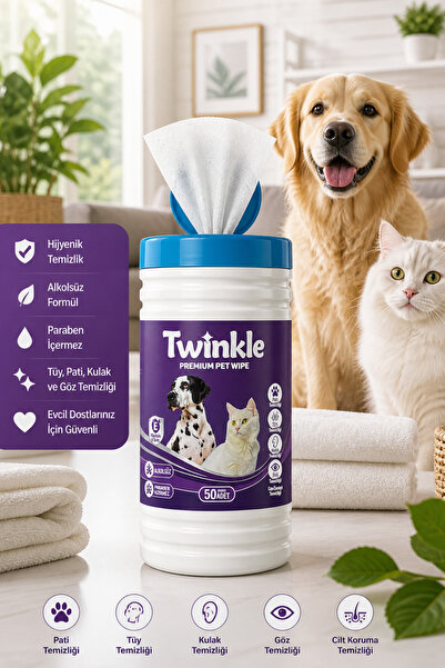 Twinkle Kedi & Köpek İçin Hijyenik Premium Islak Mendil 50 Adet Silindir Kutu...
