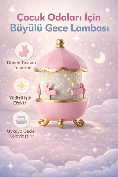 Bakeey Çocuk Odası Gece Lambası Dönen Tavşan Yıldız Işıklı Uyku Lambası Dekor...