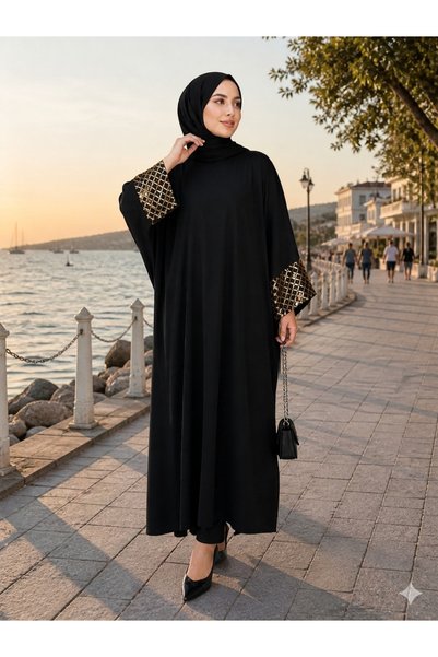 Fzd filizzade Sleeves with Diamond Pattern Sequins, Wide Cut, Long Sleeves, 40-56 Size, Ferace Dress