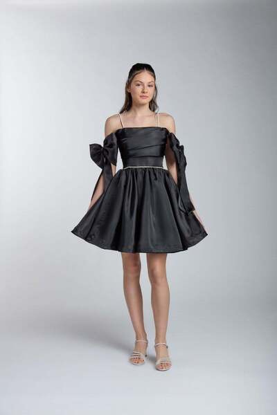 Kanilla Mojo Girls' 10-15 Years Old Bow Detailed Off-Shoulder Short Dress Black