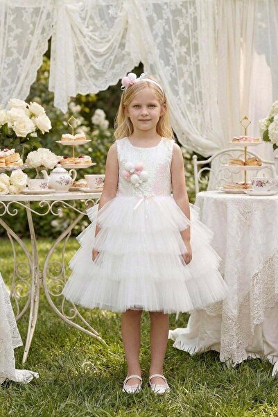 Pamina Kız Çocuk 3-7 Yaş Balon Buketli Taç Detaylı Tüllü Elbise Ekru
