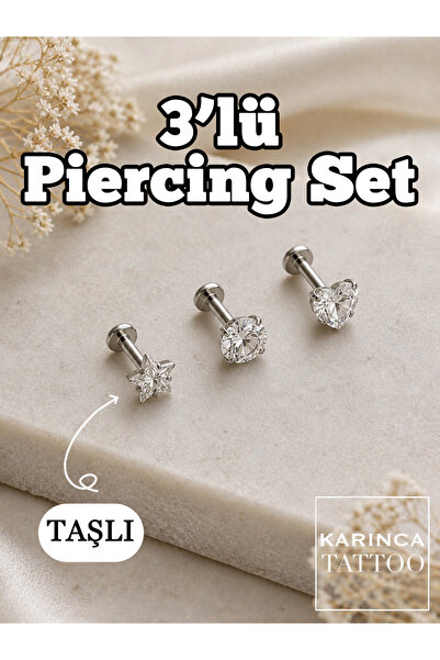 Karınca Piercing Taşlı Cerrahi Çelik 3'lü Piercing Set Ear Stack Helix Tragus...