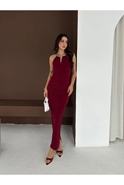 Savira Long Evening Dress with Slit and Open Back - Elegant Evening Gown in B...