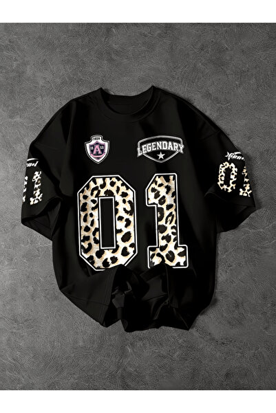 one button Leopar Desenli Racing Tasarım Baskılı Premium Oversize T-shirt