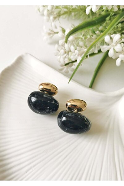 Halley Concept Black Marble Patterned Steel Earrings with Gold Detail – Moder...
