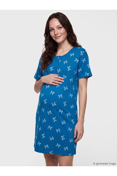 LC Waikiki Crew Neck Bowknot Printed Maternity Nightgown