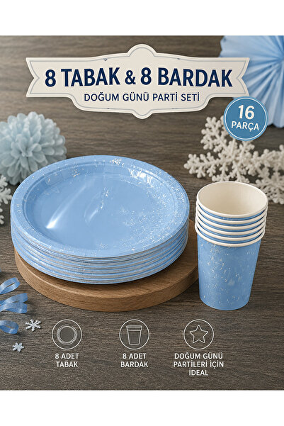 Dizayn Parti Evi Mavi Temalı 8 Kişilik Doğum Günü Parti Seti 8 Bardak 8 Tabak
