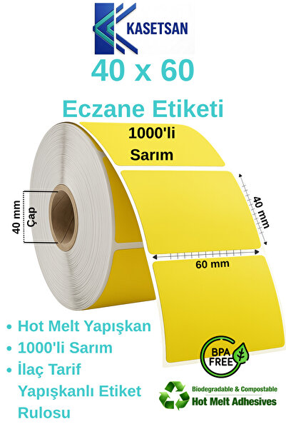 Kasetsan 40x60 mm Sarı Eczane Etiketi 1000'li Sarım Hotmelt Yapışkanlı BPA Free