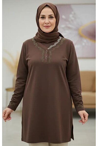 Ayliva Tekstil Büyük Beden Kahverengi Taşlı Anne Bluzu