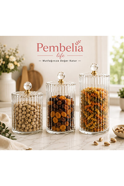 Pembelia Life 3’lü Gold Detaylı Cam Çay Şeker Kahve Tuz Saklama Kavanoz Seti ...