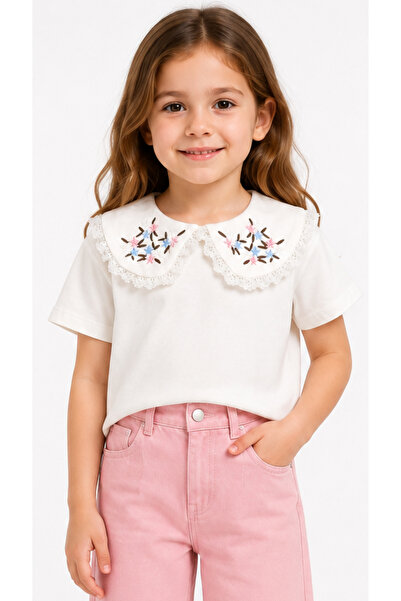 İrem Çocuk Giyim Girl's Cream Color Short Sleeve Blouse with Embroidered Coll...