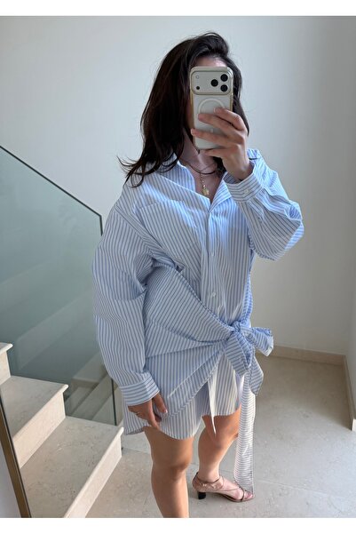ALUXERA Studio Store Rochie cămașă oversized, 100% bumbac, cu dungi bleu și talie reglabilă.