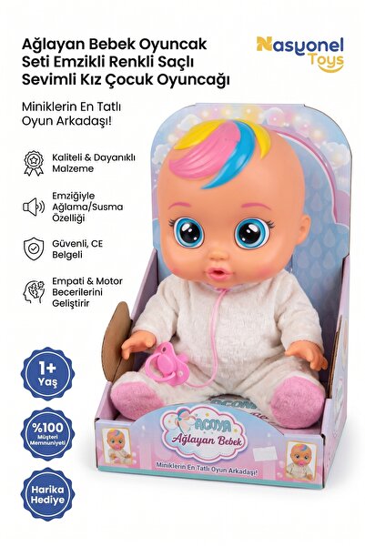 NASYONEL TOYS Ağlayan Bebek Oyuncak Seti Emzikli Renkli Saçlı Sevimli Kız Çoc...