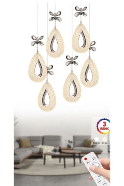 ILGAZ AYDINLATMA DAMLA 6 LI GÜMÜŞ 3 RENK LEDLİ KUMANDALI MODERN SARKIT LED AVİZE