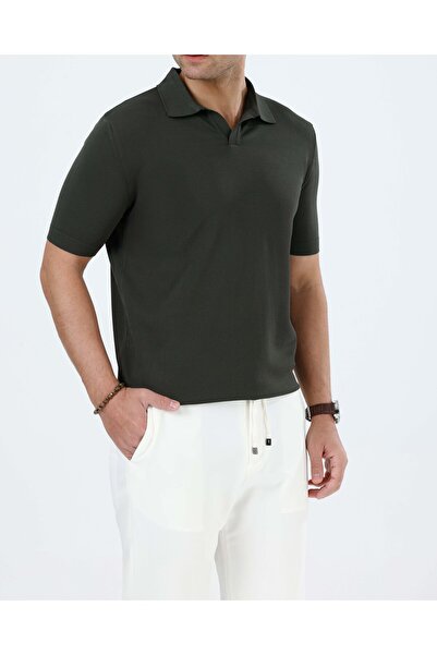 TerziAdemAltun İtalyan stil slim fit polo yaka triko tişört haki T13753
