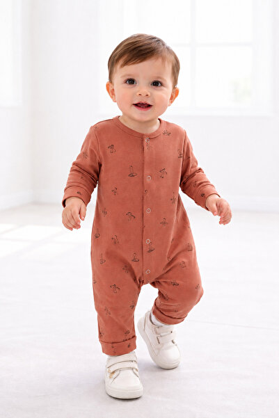 OUTLET Isyis Baby Mushroom Patterned Snap Fastener Long Sleeve Jumpsuit
