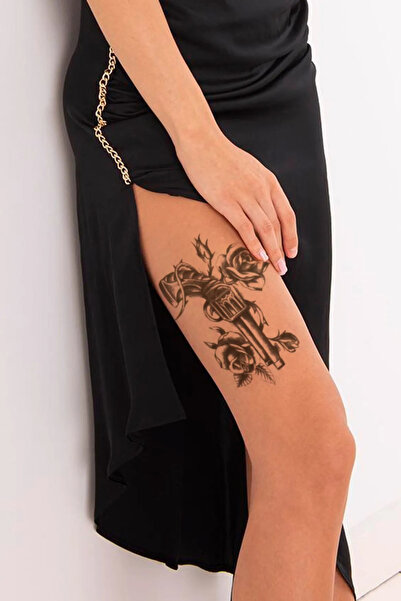Stone Family Gül ve Silah Temalı Gerçekçi Geçici Dövme - 15x21 cm Büyük Boy S...