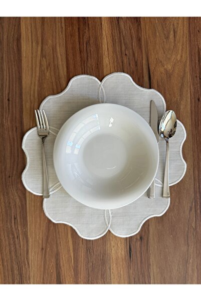 NURHAN HOME COLLECTION Maison Fleur Ekru Nakışlı 6'lı Keten Amerikan Servis Seti